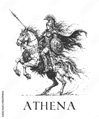 Athena goddess of wisdom riding a war horse, powerful black and white hand drawn mythological engraving illustration