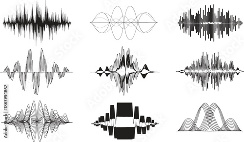 Sound wave patterns and audio signal graphics
