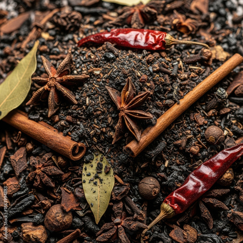 Aromatic spice blend close-up featuring star anise cinnamon chili and bay leaves