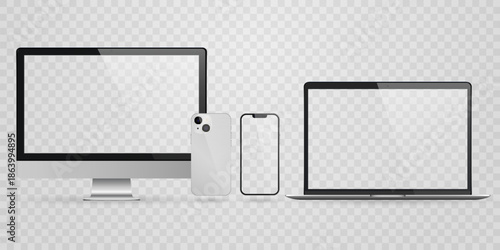 Vector realistic smartphone, laptop, tablet, computer set. Realistic gadget set png. Vector devices with blank empty white screen isolated on transparent background.