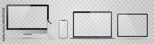 Vector realistic smartphone, laptop, tablet, computer set. Realistic gadget set png. Vector devices with blank empty white screen isolated on transparent background.