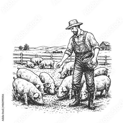 Farmer herding pigs in rural countryside farmland, detailed black and white hand drawn agricultural line art illustration