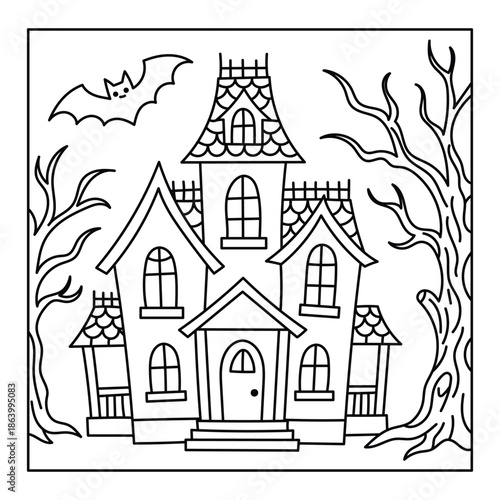 Haunted House with Bats Halloween Coloring Page Illustration