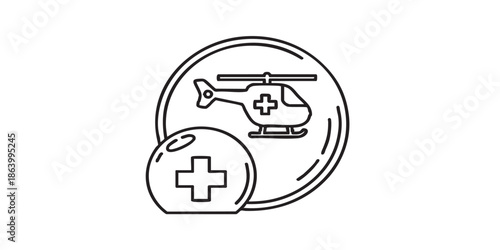 Rescue helicopter and cross bubble thin line icon, emergency service concept. Vector graphics. Flight vehicle human rescuer sign on white background, outline style icon for mobile or web desig