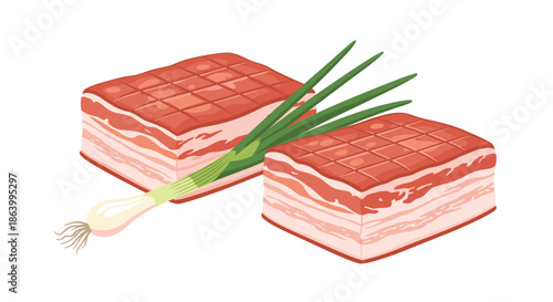 Slabs of fresh raw pork belly featuring thick layers of fat and meat paired with a whole green onion for traditional culinary preparation.