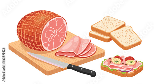 Large whole smoked ham on a wooden cutting board with thin slices, a fresh sandwich, and sliced bread prepared for a hearty morning meal.