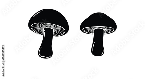Simple black and white silhouettes of two wild mushrooms showing different cap sizes and thick stems ideal for modern logo design icons.