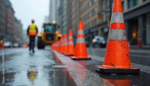 Wet city street has orange traffic cones and a construction worker in a yellow vest. Vehicle operates near the road work zone, marking a site with safety barriers.