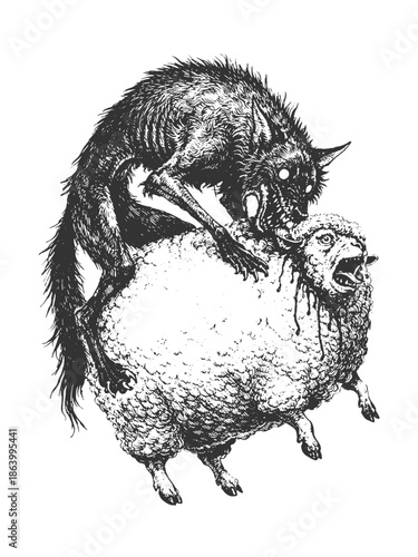Skinny wolf confronting fat sheep in symbolic wildlife contrast scene, dramatic black and white hand drawn line art vector illustration