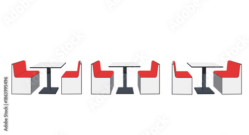 Set of three modern restaurant booths featuring clean white tables and vibrant red cushioned seating for a comfortable dining environment.