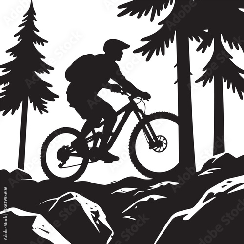  Silhouette of Mountain Biker Riding Uphill on Steep Rocky Terrain with Trees.