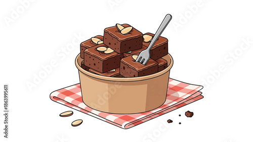 Bite Size Brownies in Kraft Bowl with Almond Topping Flat Vector Illustration