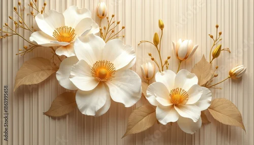 Panel kuchenny z motywem Elegant white cream flowers with gold accents arranged on a textured beige background. Delicate petals and intricate stamens create a luxurious floral composition, ideal for decor.