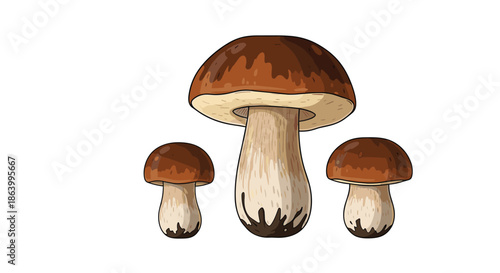 Realistic trio of brown forest mushrooms with smooth caps and thick white stems illustrated with subtle highlights for a natural appearance.
