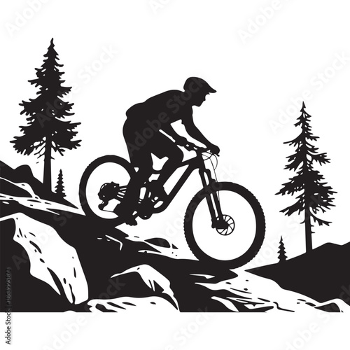  Silhouette of Mountain Biker Riding Uphill on Steep Rocky Terrain with Trees.
