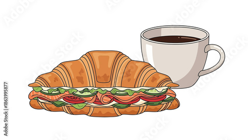 Breakfast Croissant with Smoked Salmon and Coffee Flat Vector Illustration