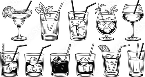 Hand drawn cocktail drinks vector set with glasses ice and straws for bar menu, cafe branding, beverage illustration design
