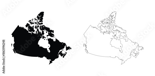 A black and white silhouette of the map of Canada. Minimalist design suitable for various commercial and editorial uses.