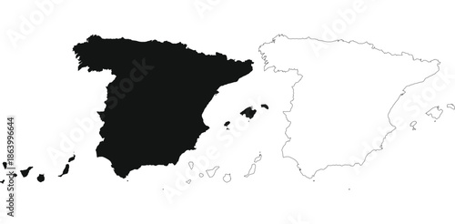 A black silhouette map of Spain highlighting the mainland and islands. Minimalist and clean design.