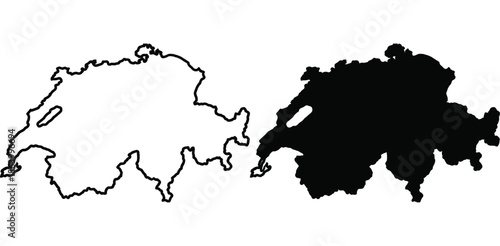 A minimalist black and white map of Switzerland. Detailed outline of the country's borders.