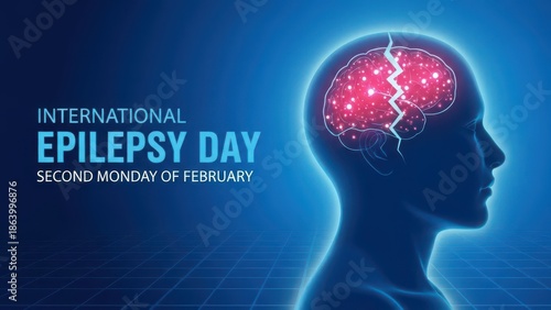 International epilepsy day awareness graphic with blue head and pink brain