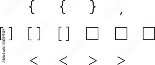 Various programming symbols and brackets on white background