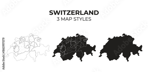 Three different map styles of Switzerland. Minimalist and vector illustrations suitable for various uses.