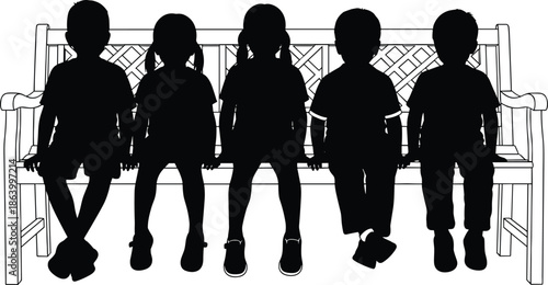 Children sitting on park bench silhouettes showing boys and girls together, childhood friendship scene, black vector illustration set for kids and family concepts