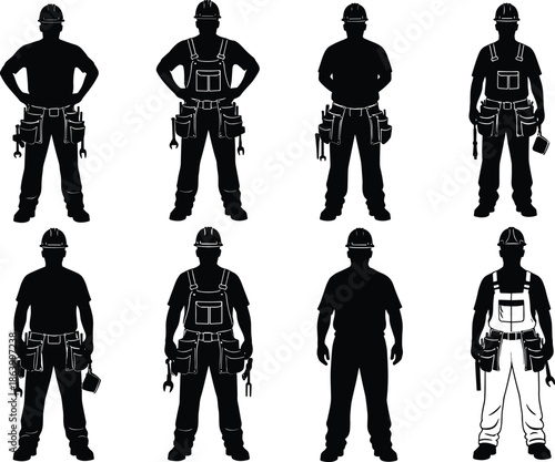 Construction worker silhouettes set featuring builders wearing safety helmets and tool belts, industrial labor characters, black vector illustration collection for engineering themes