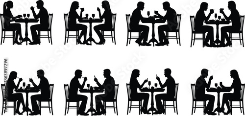 Couple dining silhouettes collection showing men and women sitting at restaurant tables, romantic dinner conversations, black vector illustration set for cafe lifestyle themes