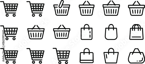 shopping symbol collection carts baskets bags vector icons set
