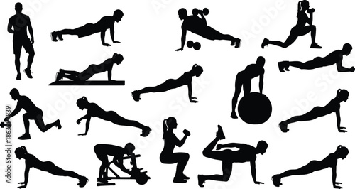 Fitness workout silhouettes vector illustration showing strength training, bodyweight exercises, gym equipment poses isolated on white background healthy lifestyle concept