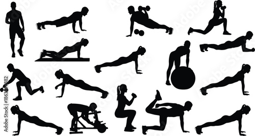 Fitness exercise silhouette, workout poses, strength training, cardio moves, gym vector, black illustration, push-up, squat, lunge, cycling, dumbbell, plank, ball