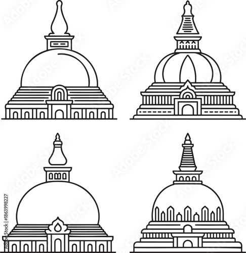 Set of Asian pagoda Outline vector illustration isolated On Transparent Background
