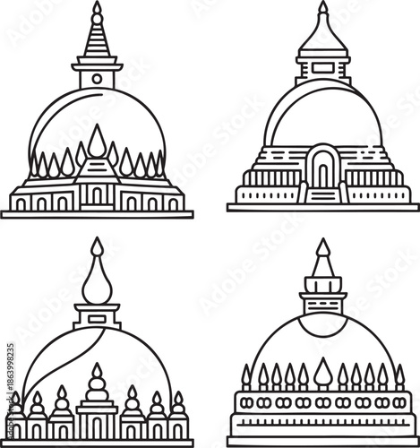 Set of Asian pagoda Outline vector illustration isolated On Transparent Background