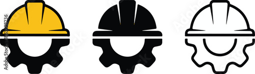 construction worker head with hard hat and gear icon set