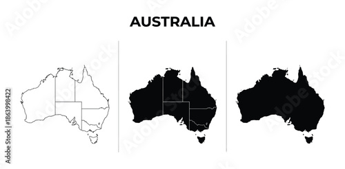 A set of Australia map silhouettes in different styles. Minimalist and clean design.