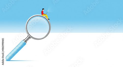 Wallpaper Mural A man sits on a large magnifying glass using a laptop against a blue and white background with ample copy space for marketing and advertising concepts Torontodigital.ca