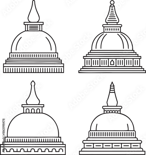 Set of Asian pagoda Outline vector illustration isolated On Transparent Background