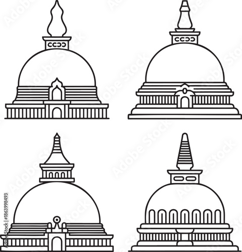 Set of Asian pagoda Outline vector illustration isolated On Transparent Background