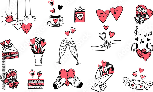 Sweet Valentine doodle collection. Cute hearts, coffee, and cakes for cozy romantic cards. Hand-drawn icons for holiday decor and social media
