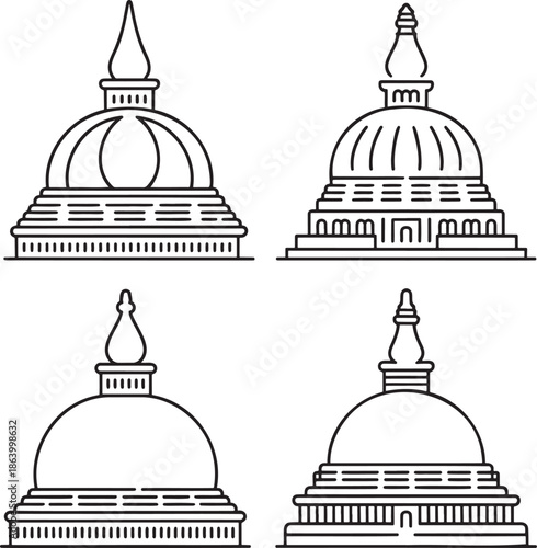 Set of Asian pagoda Outline vector illustration isolated On Transparent Background