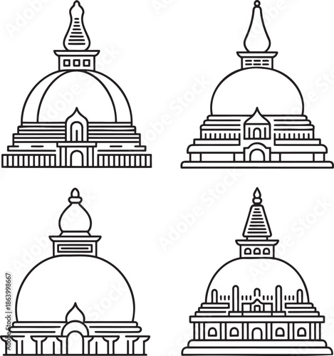 Set of Asian pagoda Outline vector illustration isolated On Transparent Background