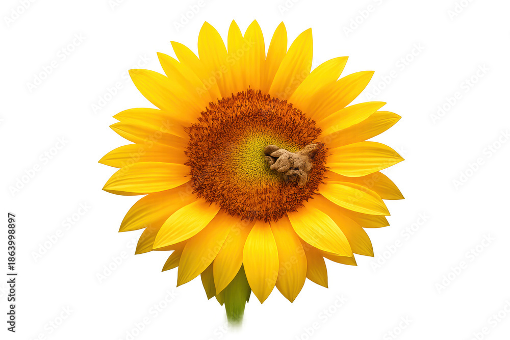 Fototapeta premium Sunflower showing its vibrant yellow petals and warm brown center, presented on a transparent background