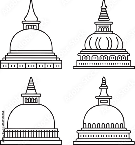 Set of Asian pagoda Outline vector illustration isolated On Transparent Background