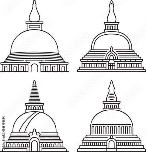 Set of Asian pagoda Outline vector illustration isolated On Transparent Background