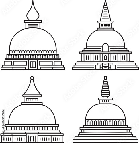 Set of Asian pagoda Outline vector illustration isolated On Transparent Background
