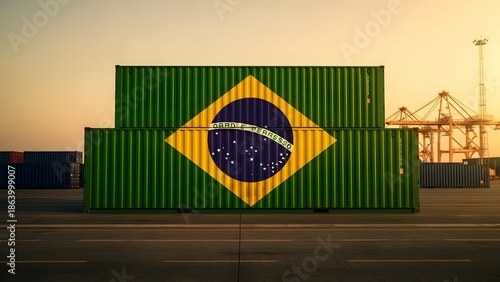 Shipping Container with Brazilian Flag Colors Symbolizing International Trade, Logistics, and Global Commerce, Export Industry, and Transportation