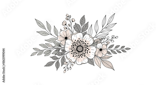 Elegant hand-drawn floral bouquet illustration featuring delicate pink and white anemone flowers with gray leaves in a sophisticated line art style.