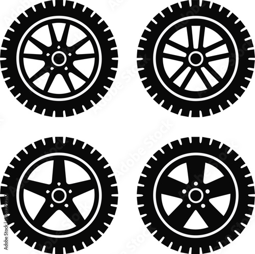 wheel icon set with four rim designs vector black and white
